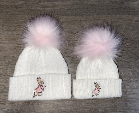 Babies knitted white & pink Rabbit pom pom hats