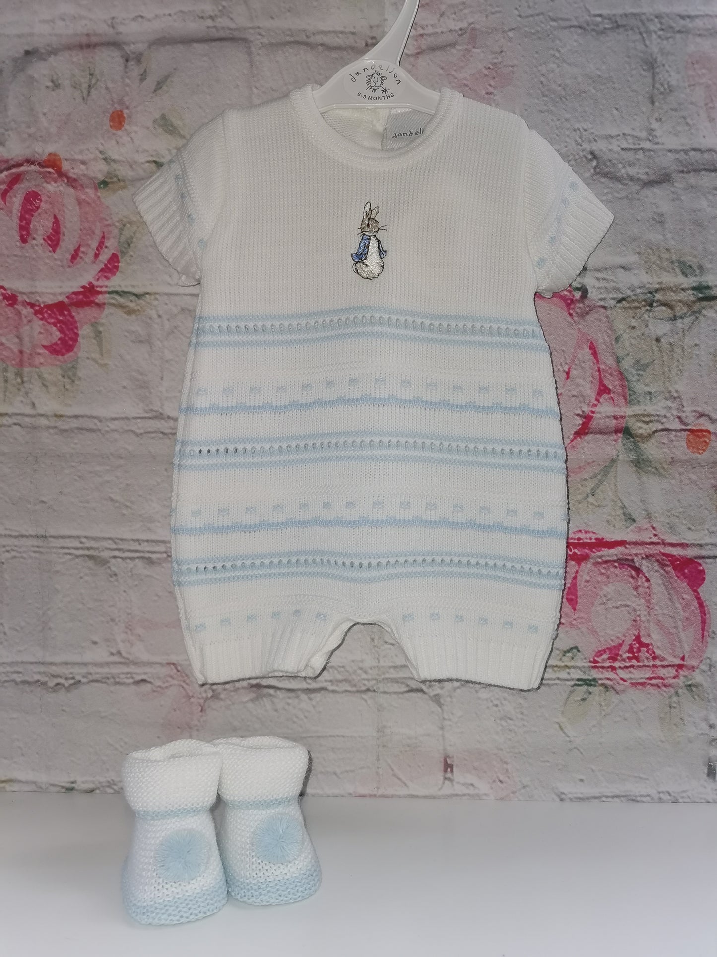 Baby Boys White & Blue Striped Rabbit Knitted Romper