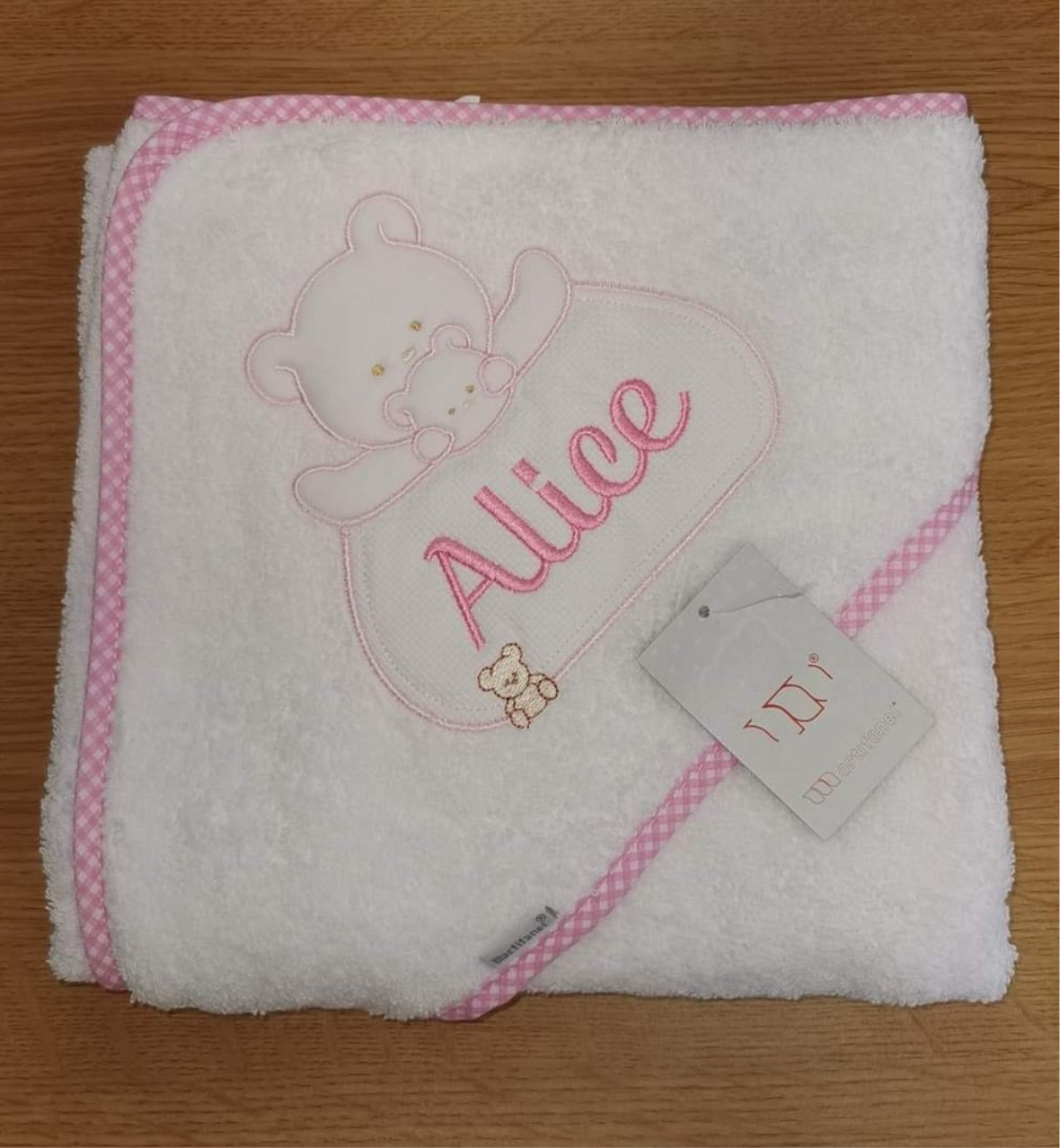 Personalised white & pink hooded Spanish Baby towel