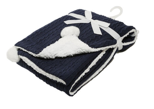 Cable knit sherpa Pom Pom blanket - Navy